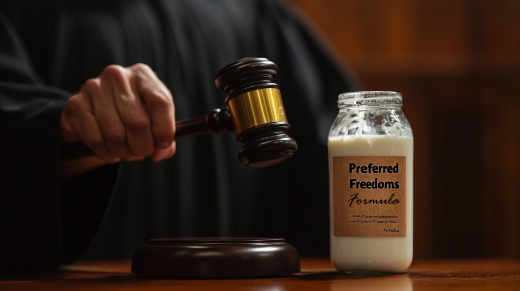 a close-up shot of a judge's hand holding a gavel, next to which is a bottle of milk-like liquid labeled "Preferred Freedoms Doctrine"
