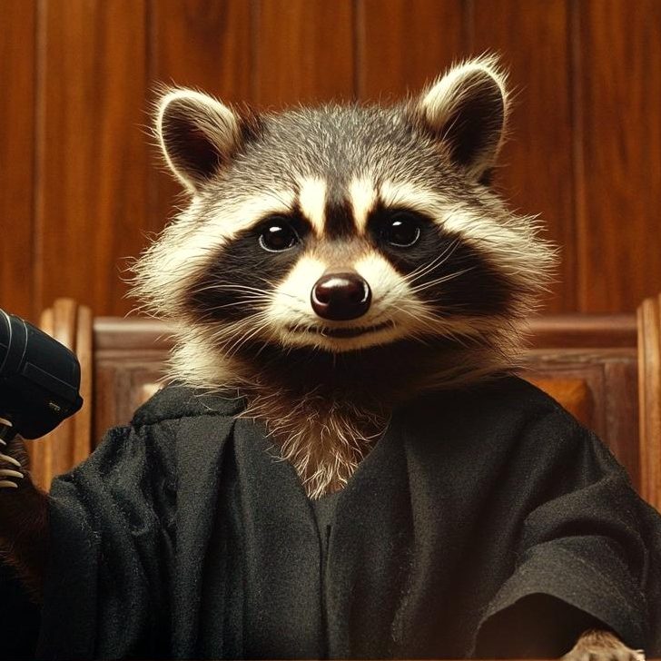 A raccoon dressed in a judge's robe, sitting in the judge's seat in a courtroom, holding a megaphone. Background is very dark wood or dark walnut wood paneled wall.