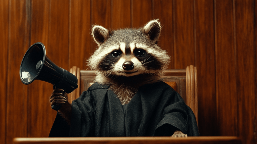 A raccoon dressed in a judge's robe, sitting in the judge's seat in a courtroom, holding a megaphone. Background is very dark wood or dark walnut wood paneled wall.