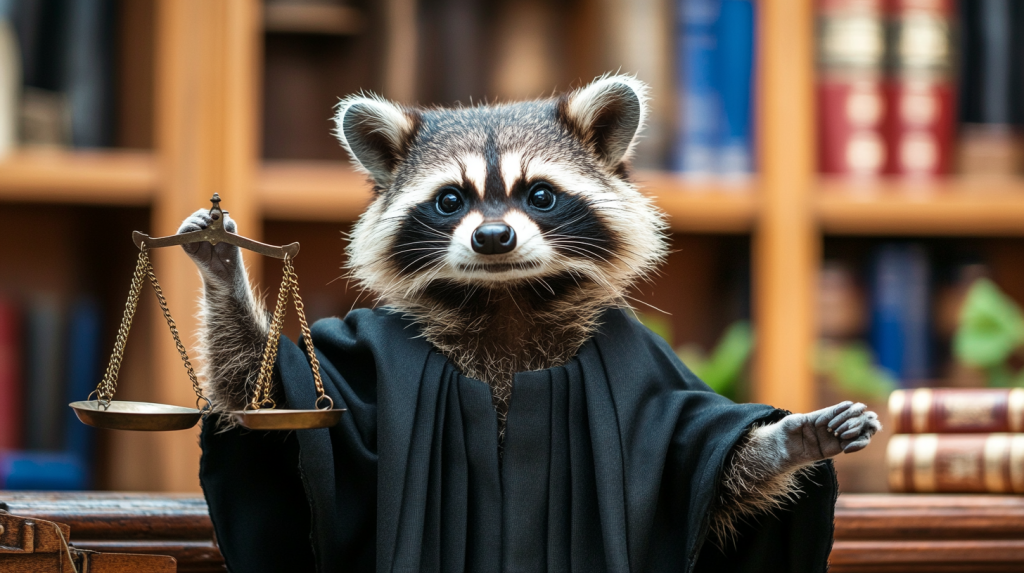 a raccoon in a judge's robe holding the scales of justice against a blurred background of books